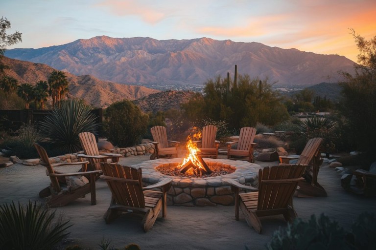 Relaxing Sunset Bonfire with Mountain View Adirondack Chairs